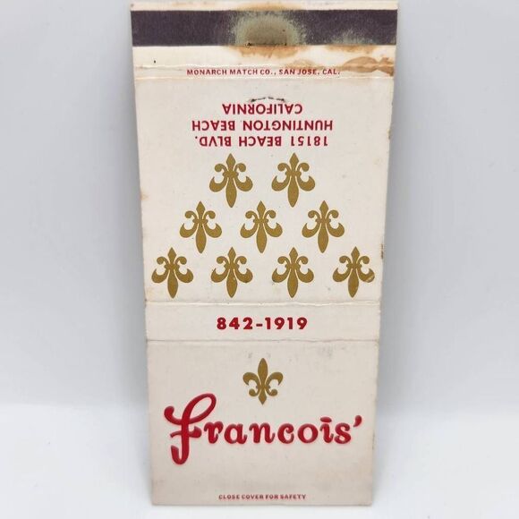 Vintage Matchbook Francois Restaurant 18151 Beach Blvd. Huntington Beach Califor - Picture 1 of 2